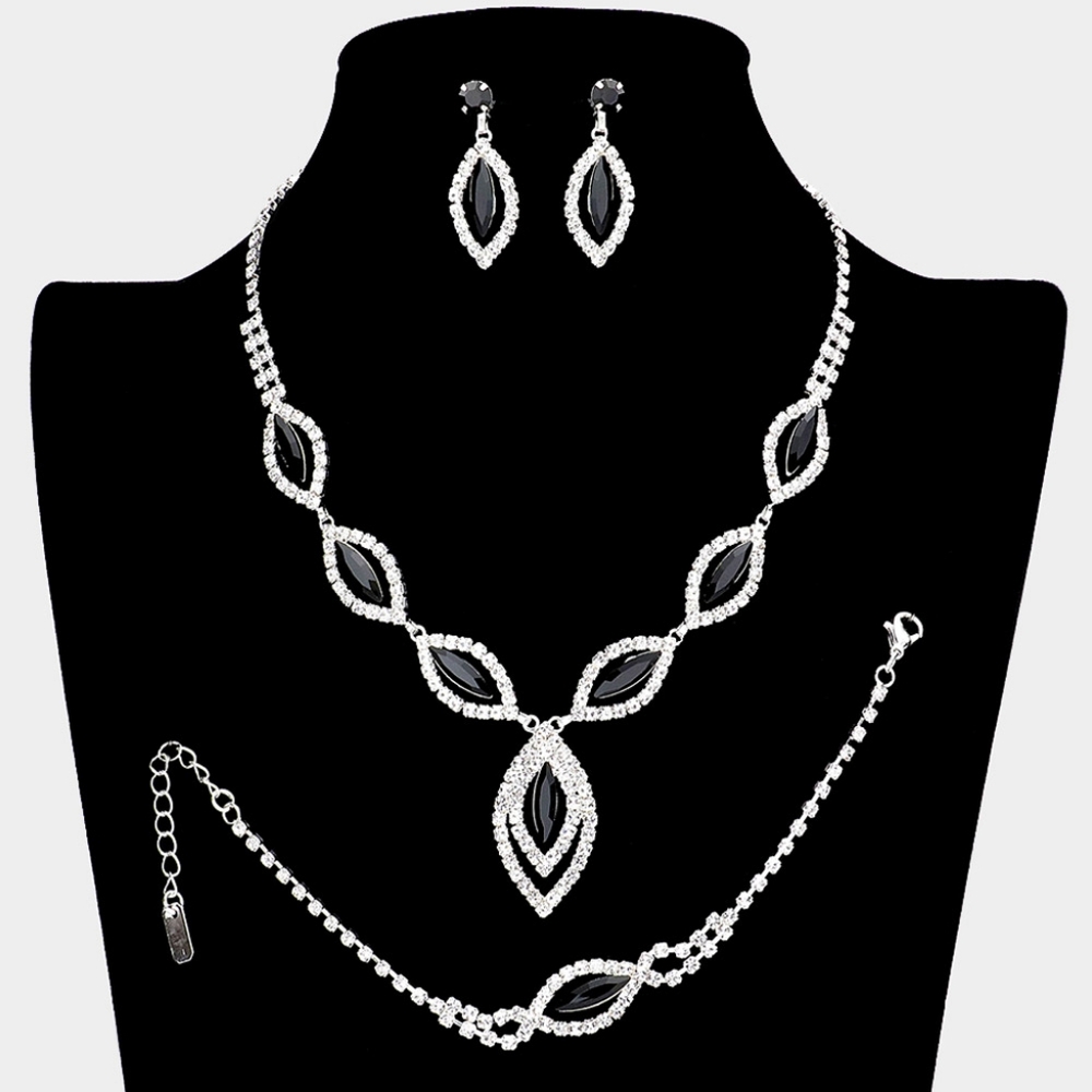 Black and Silver 3 Piece Marquise Crystal Necklace Jewelry Set Formal Fashion